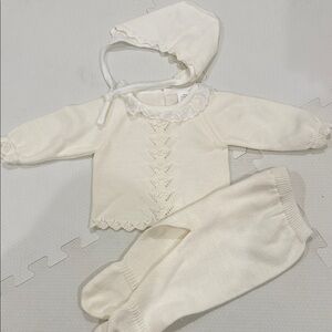 Cream Knit Baby Outfit with Bonnet